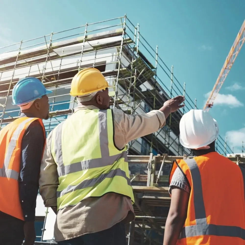 3 Construction workers looking up at scaffolding