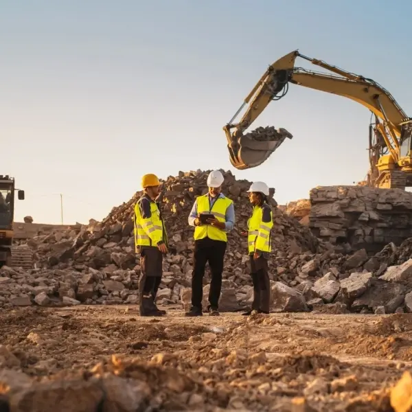 Construction site with workers standing in the centre