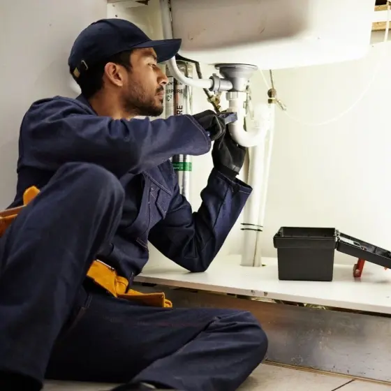 Picture of a maintence worker fixing a sink