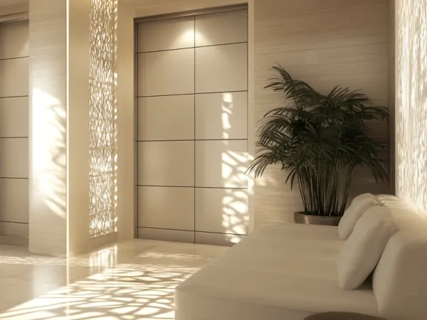 Hotel lobby with a cream couch and a green plant