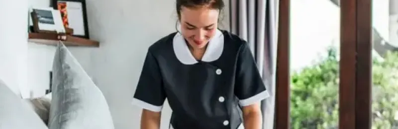 A picture of a housekeeper making the bed