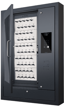 e50 electronic key cabinet with open polycarbonate door