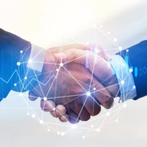 Deal. business man shaking hands with effect global network link connection and graph chart of stock market graphic diagram, digital technology, internet communication, teamwork, partnership concept